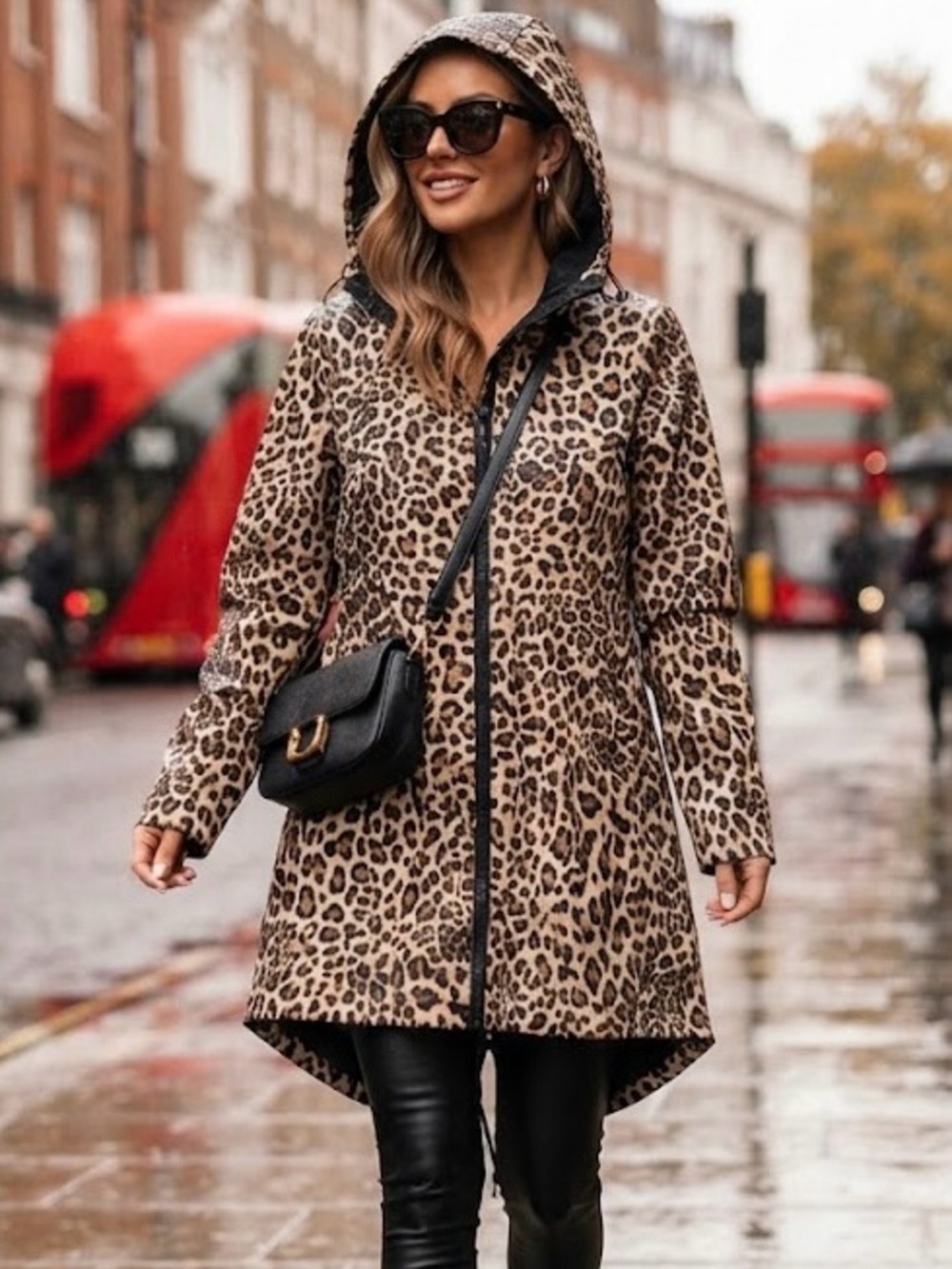 Boutique Leopard Print Hooded Raincoat Drawstring Waist Animal Print Mobwife L